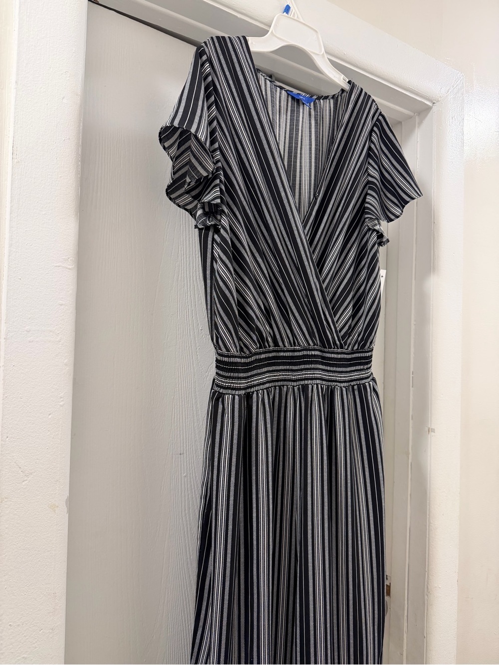 Striped Black and White V-Neck Midi Dress - Classic Women's jumpsuit
